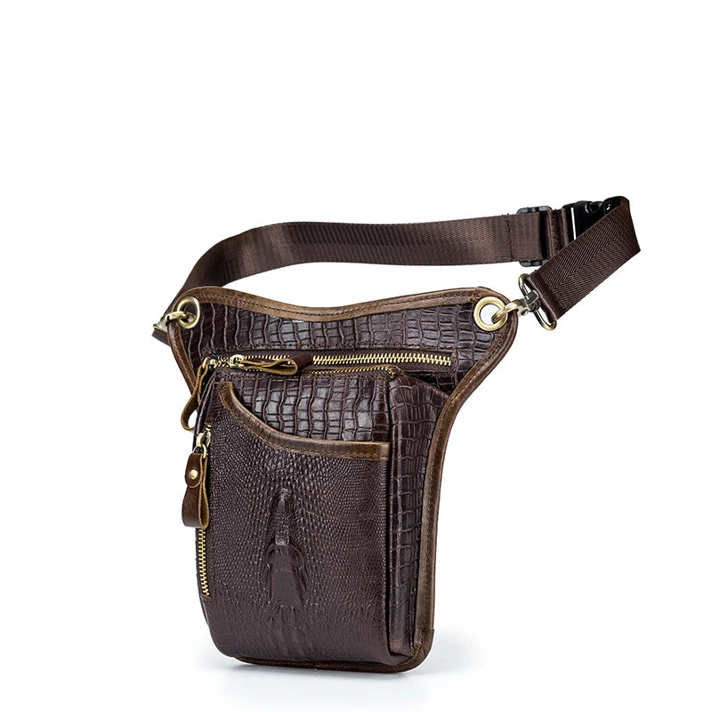 SCHLATUM-Couro Genuíno Motocicleta Fanny, Design Multifunções dos homens, Grão de Crocodilo, Pacote de cinto, Drop Leg Bag
