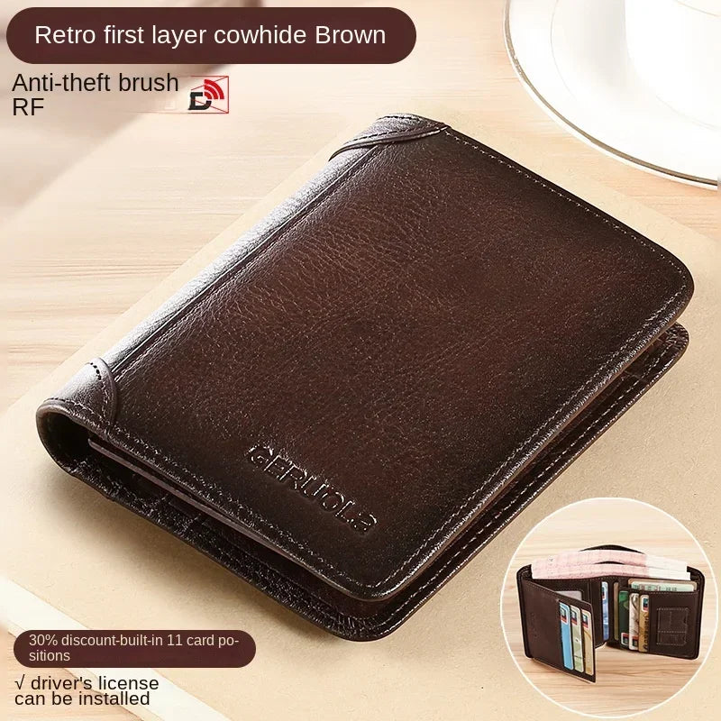 Carteira masculina de couro genuíno com bloqueio rfid, carteira com três dobras, vintage, fina, curta, multifuncional, id, cartão de crédito, bolsa masculina, dinheiro