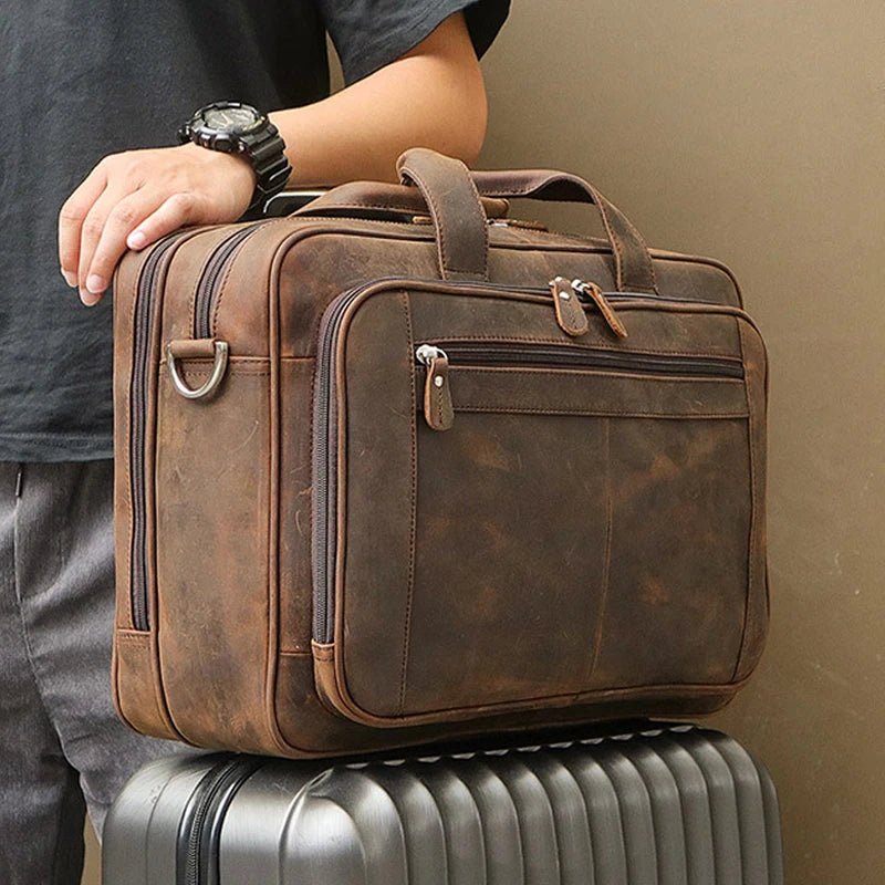 Pasta de couro genuíno de alta qualidade para homens, bolsa de negócios, couro crazy horse, grande, 17 polegadas, bolsa para laptop, porta-pasta masculina, estojo de escritório