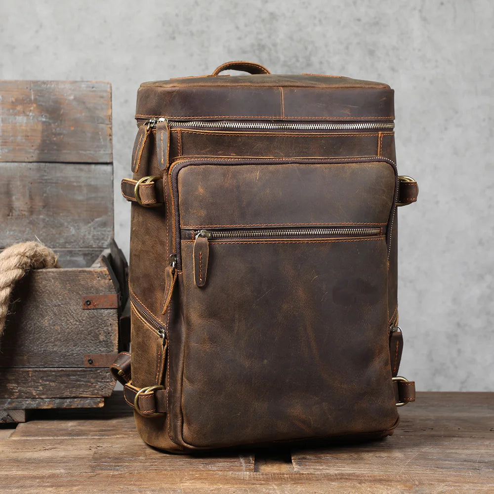 Mochila de couro genuíno vintage, Laptop Bag, Crazy Horse School Bag, Bolsa de ombro Weekender viagem ao ar livre