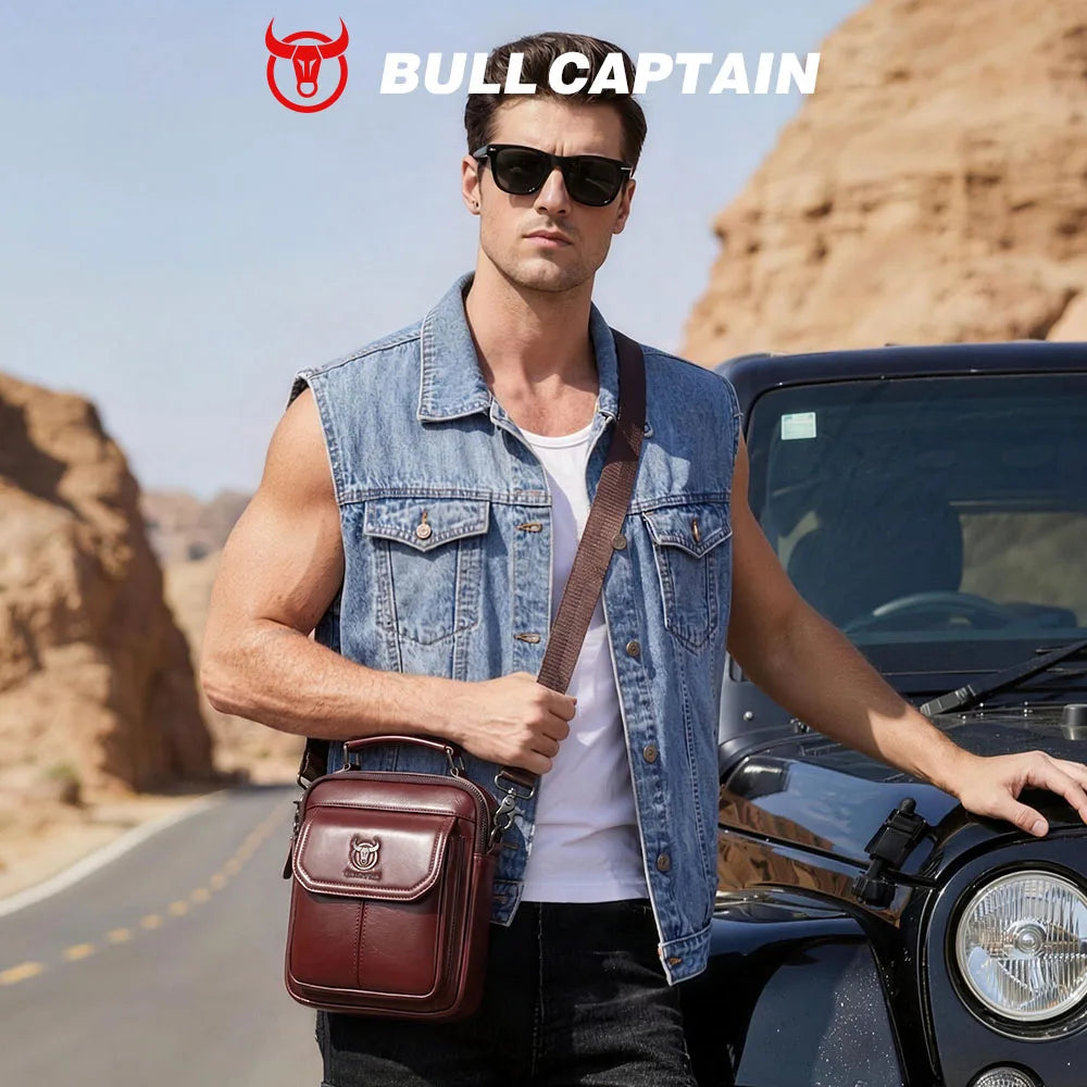 BULLCAPTAIN-Bolsa De Ombro De Couro Genuíno Para Homens, Bolsa Multifuncional Tablet, Bolsa Crossbody Casual, Couro De Vaca Retro, 7.9"