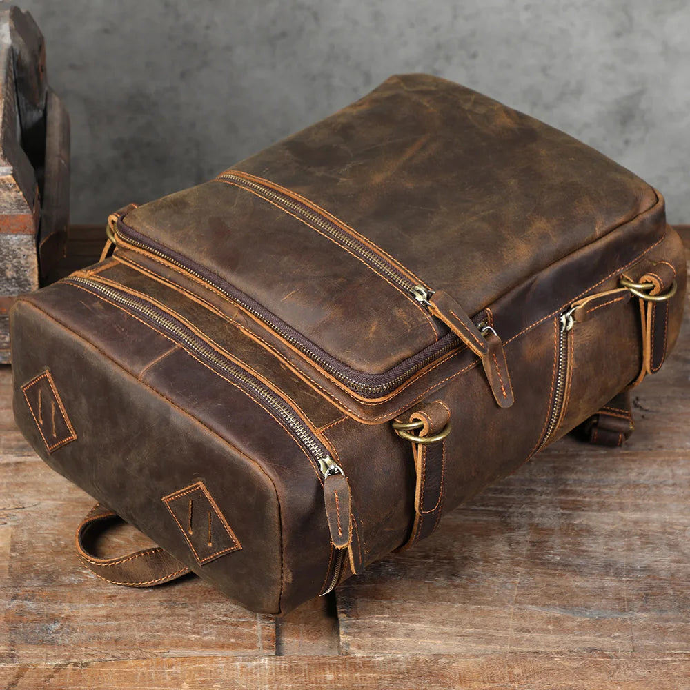 Mochila de couro genuíno vintage, Laptop Bag, Crazy Horse School Bag, Bolsa de ombro Weekender viagem ao ar livre