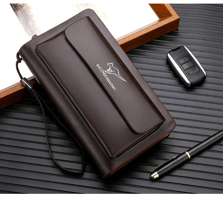 Kangaroo marca masculina bolsa de embreagem moda couro longo bolsa duplo zíper carteira negócios preto marrom masculino casual acessível saco