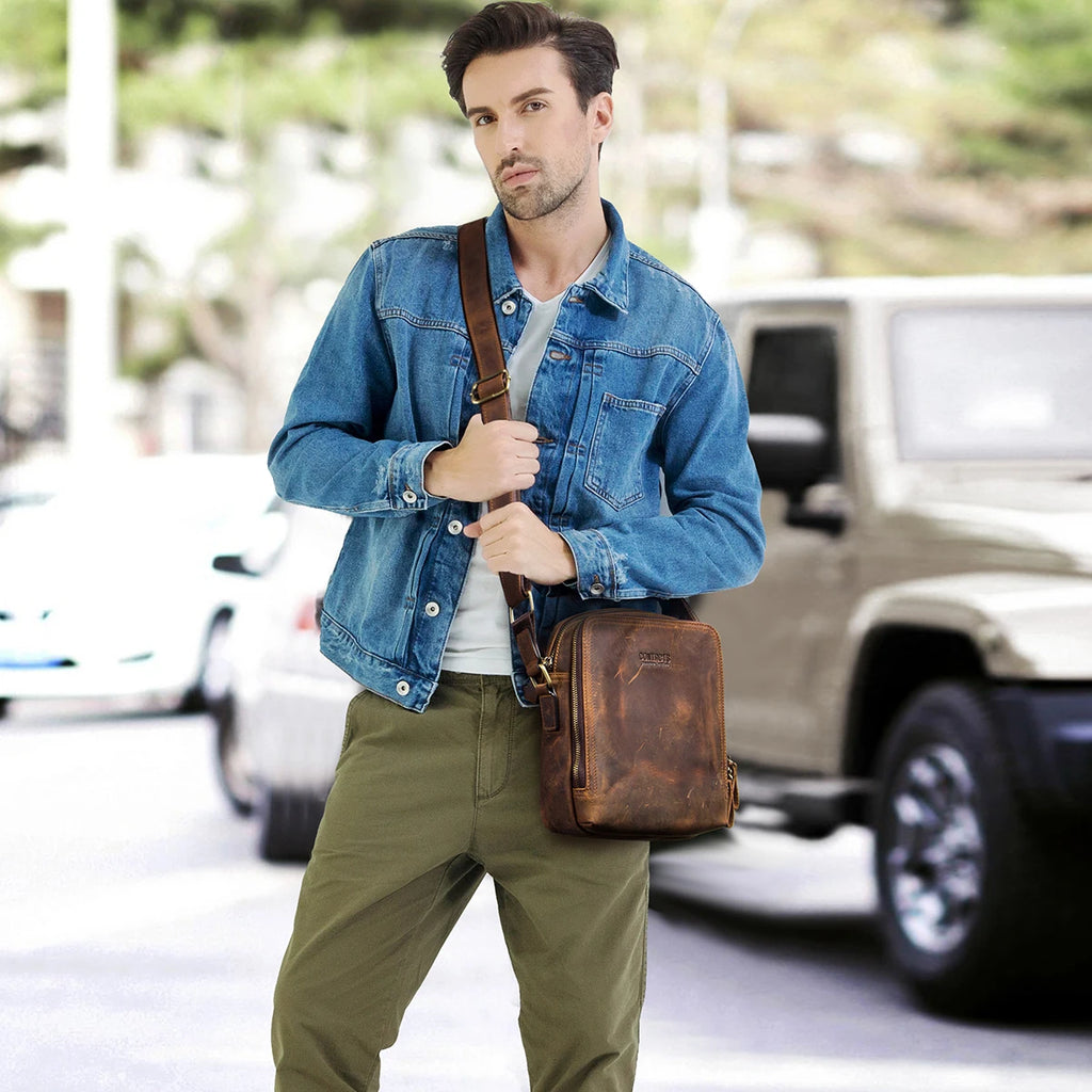 Contact's bolsa mensageiro masculina de couro genuíno, bolsa de ombro vintage para ipad mini de 7.9 polegadas, bolsa crossbody masculina de alta qualidade