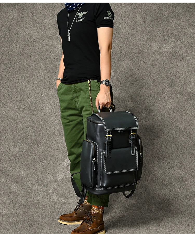 Vintage cavalo louco mochila de couro genuíno dos homens bagpack escalada mochila masculino grande caminhadas mochila m814