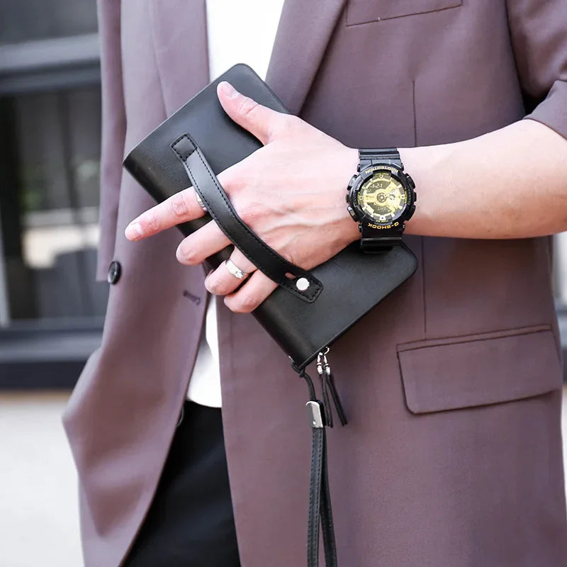 Kangaroo marca masculina bolsa de embreagem moda couro longo bolsa duplo zíper carteira negócios preto marrom masculino casual acessível saco