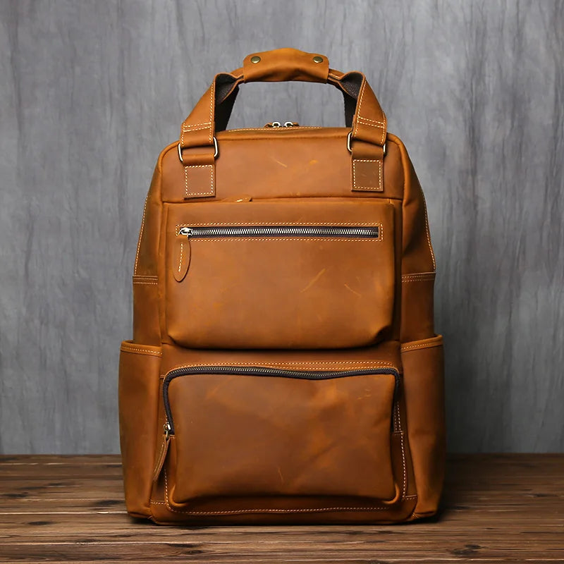 NZPJ-Mochila masculina retrô de couro de camada superior, grande capacidade, bolsa para computador, Crazy Horse, lazer e viagem