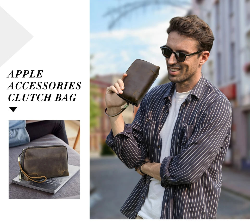 Contact's bolsa de mão de viagem masculina, carteira de couro genuíno, bolsa casual, organizador de cabo de carga, bolsa de armazenamento