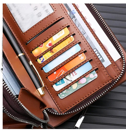 Kangaroo marca masculina bolsa de embreagem moda couro longo bolsa duplo zíper carteira negócios preto marrom masculino casual acessível saco