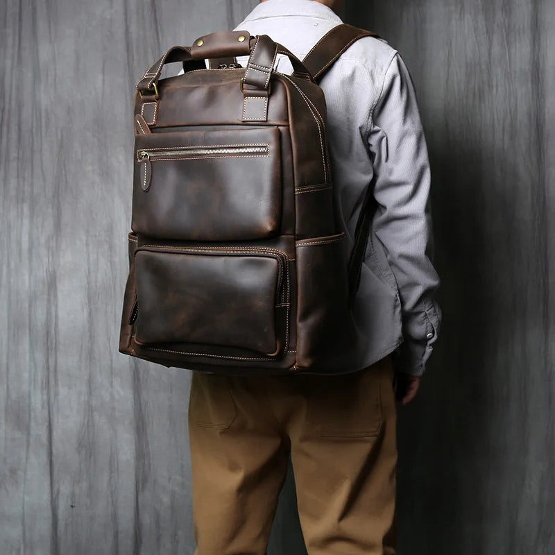 NZPJ-Mochila masculina retrô de couro de camada superior, grande capacidade, bolsa para computador, Crazy Horse, lazer e viagem