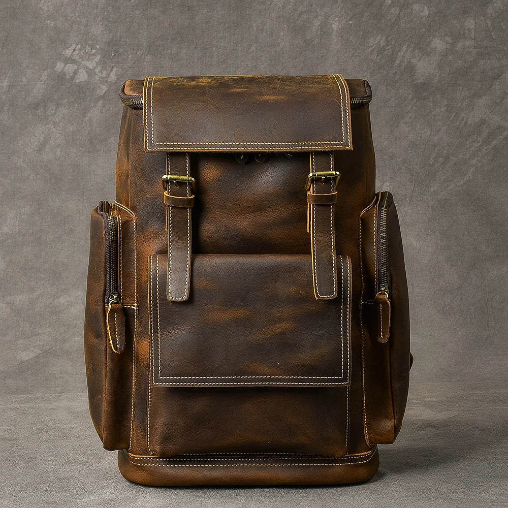 Vintage cavalo louco mochila de couro genuíno dos homens bagpack escalada mochila masculino grande caminhadas mochila m814