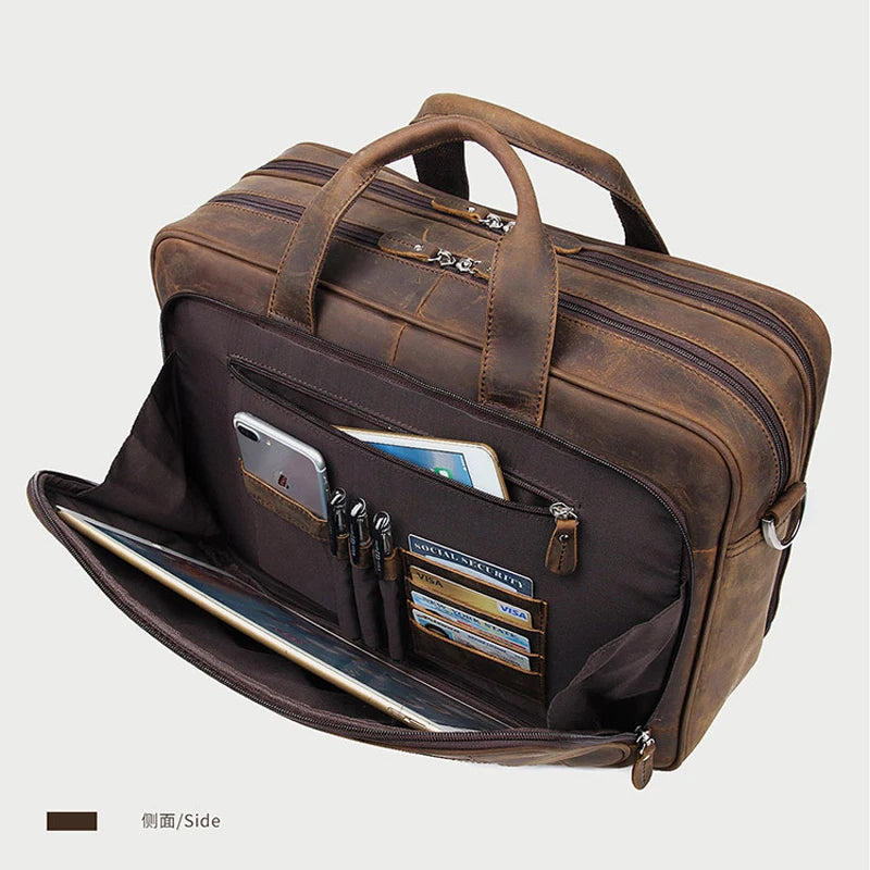Pasta de couro genuíno de alta qualidade para homens, bolsa de negócios, couro crazy horse, grande, 17 polegadas, bolsa para laptop, porta-pasta masculina, estojo de escritório