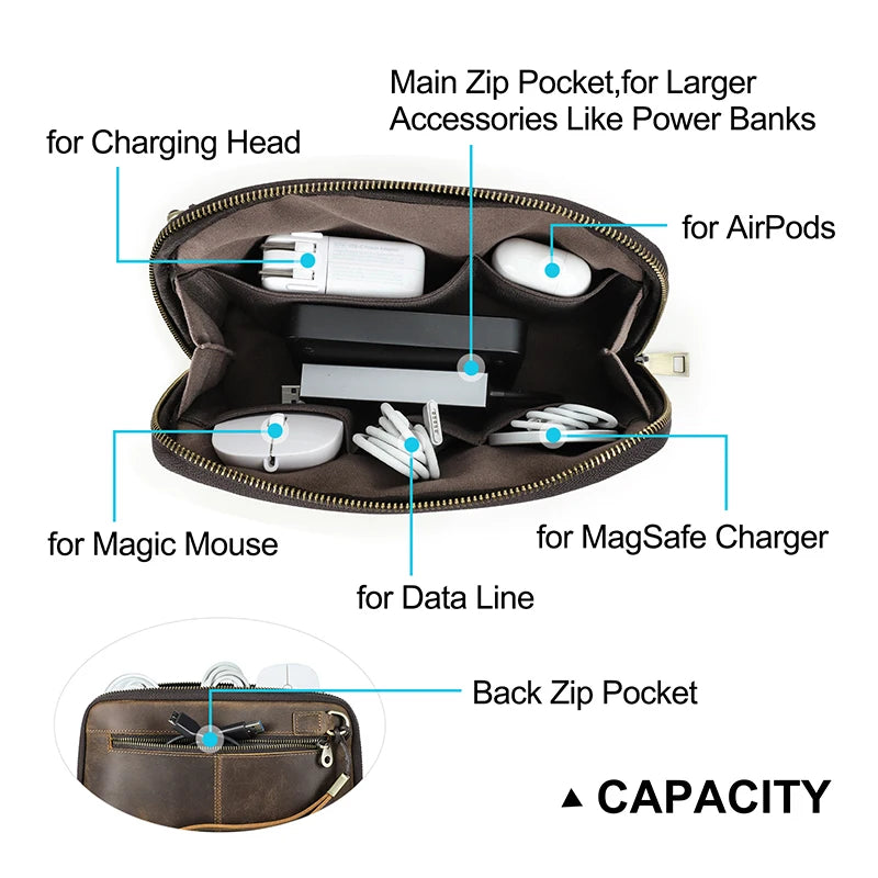 Contact's bolsa de mão de viagem masculina, carteira de couro genuíno, bolsa casual, organizador de cabo de carga, bolsa de armazenamento