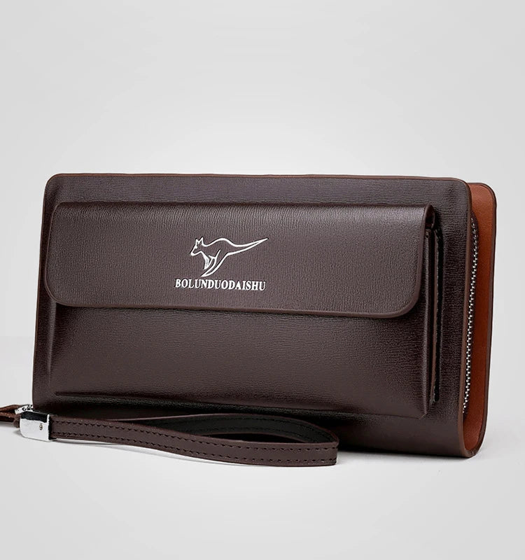 Kangaroo marca masculina bolsa de embreagem moda couro longo bolsa duplo zíper carteira negócios preto marrom masculino casual acessível saco