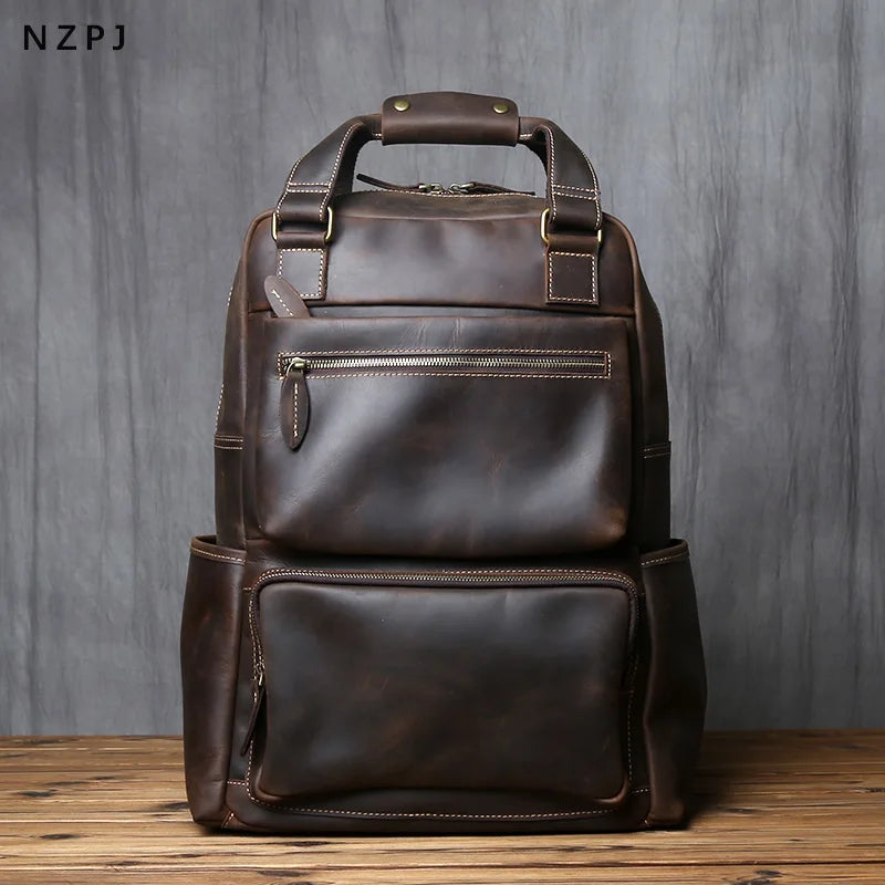 NZPJ-Mochila masculina retrô de couro de camada superior, grande capacidade, bolsa para computador, Crazy Horse, lazer e viagem