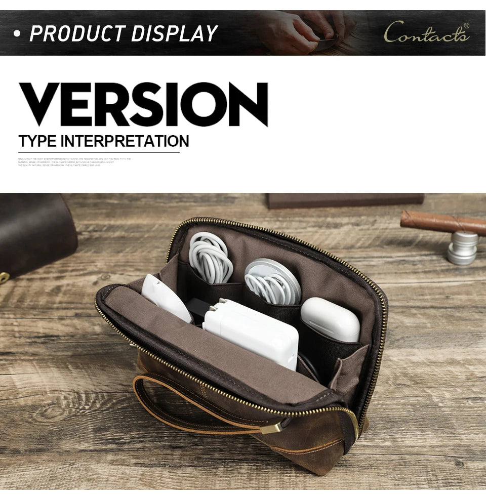 Contact's bolsa de mão de viagem masculina, carteira de couro genuíno, bolsa casual, organizador de cabo de carga, bolsa de armazenamento