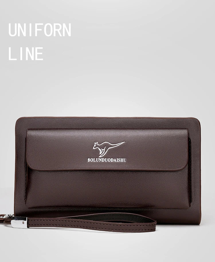 Kangaroo marca masculina bolsa de embreagem moda couro longo bolsa duplo zíper carteira negócios preto marrom masculino casual acessível saco