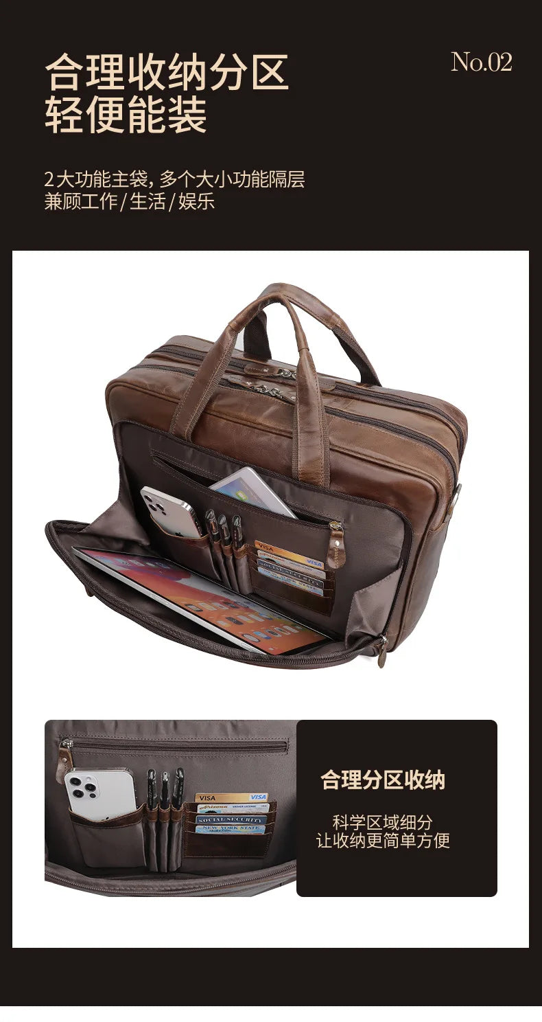 Pasta de couro genuíno de alta qualidade para homens, bolsa de negócios, couro crazy horse, grande, 17 polegadas, bolsa para laptop, porta-pasta masculina, estojo de escritório