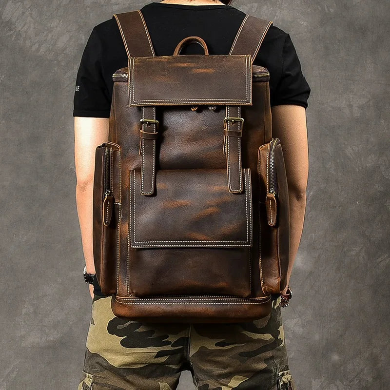 Vintage cavalo louco mochila de couro genuíno dos homens bagpack escalada mochila masculino grande caminhadas mochila m814
