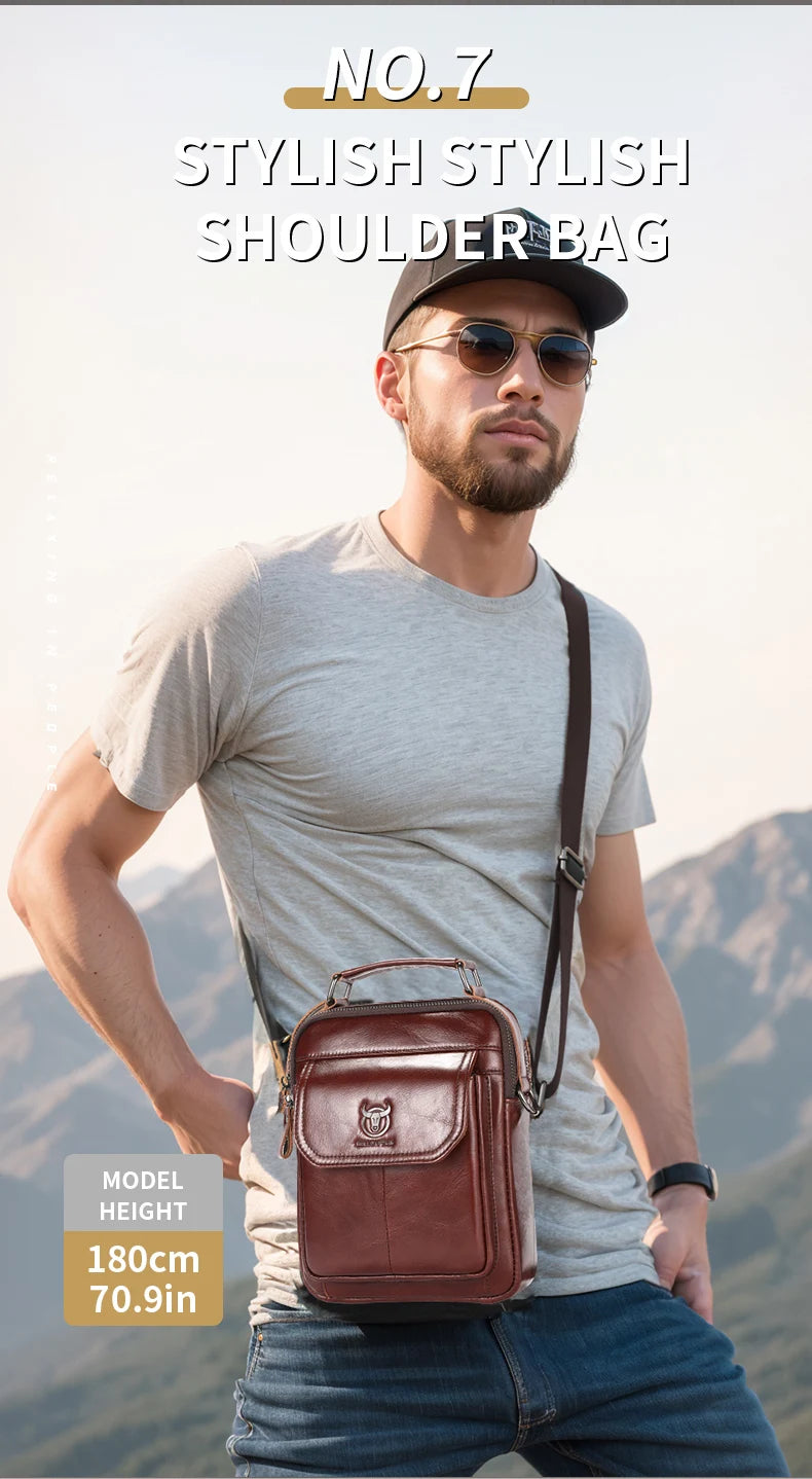 BULLCAPTAIN-Bolsa De Ombro De Couro Genuíno Para Homens, Bolsa Multifuncional Tablet, Bolsa Crossbody Casual, Couro De Vaca Retro, 7.9"