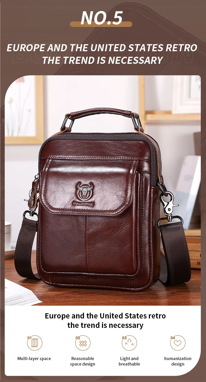 BULLCAPTAIN-Bolsa De Ombro De Couro Genuíno Para Homens, Bolsa Multifuncional Tablet, Bolsa Crossbody Casual, Couro De Vaca Retro, 7.9"