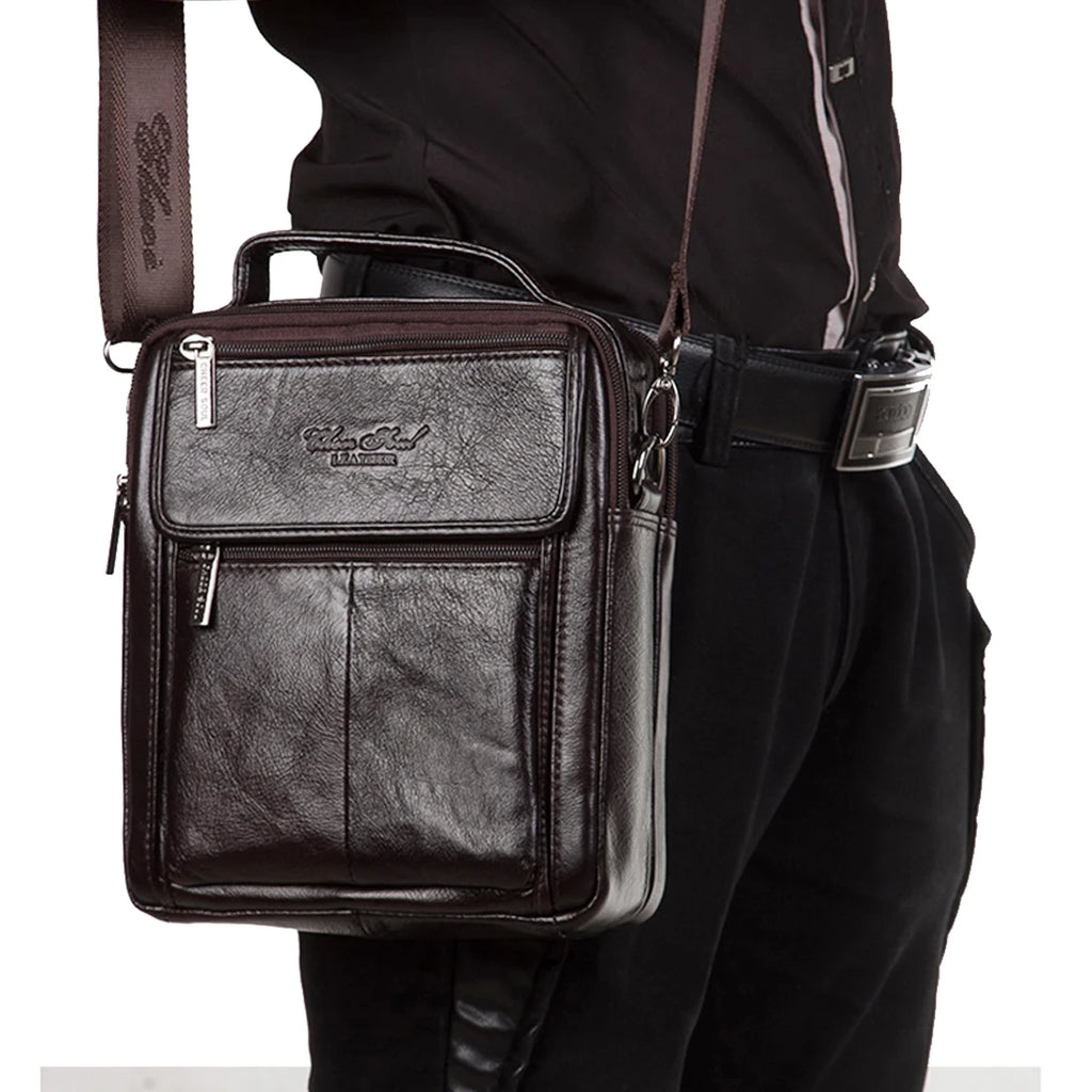 Bolsa Transversal Masculina de Couro Genuíno para Negócios, Pasta Casual de Couro Bovino, Bolsa de Mão Masculina com Alça Superior