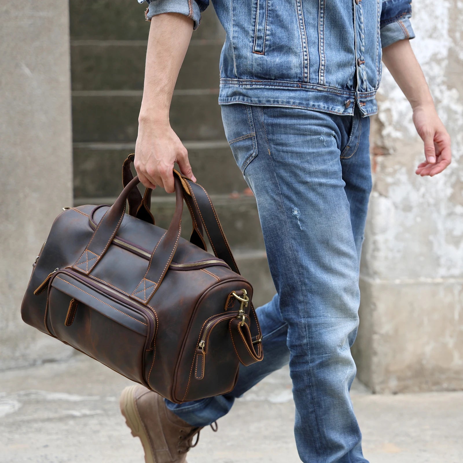S.WORKER Bolsa de viagem vintage de couro genuíno Crazy Horse Bolsa de lona de couro masculina Bolsa de fim de semana Bolsa de ginástica Bagagem de mão