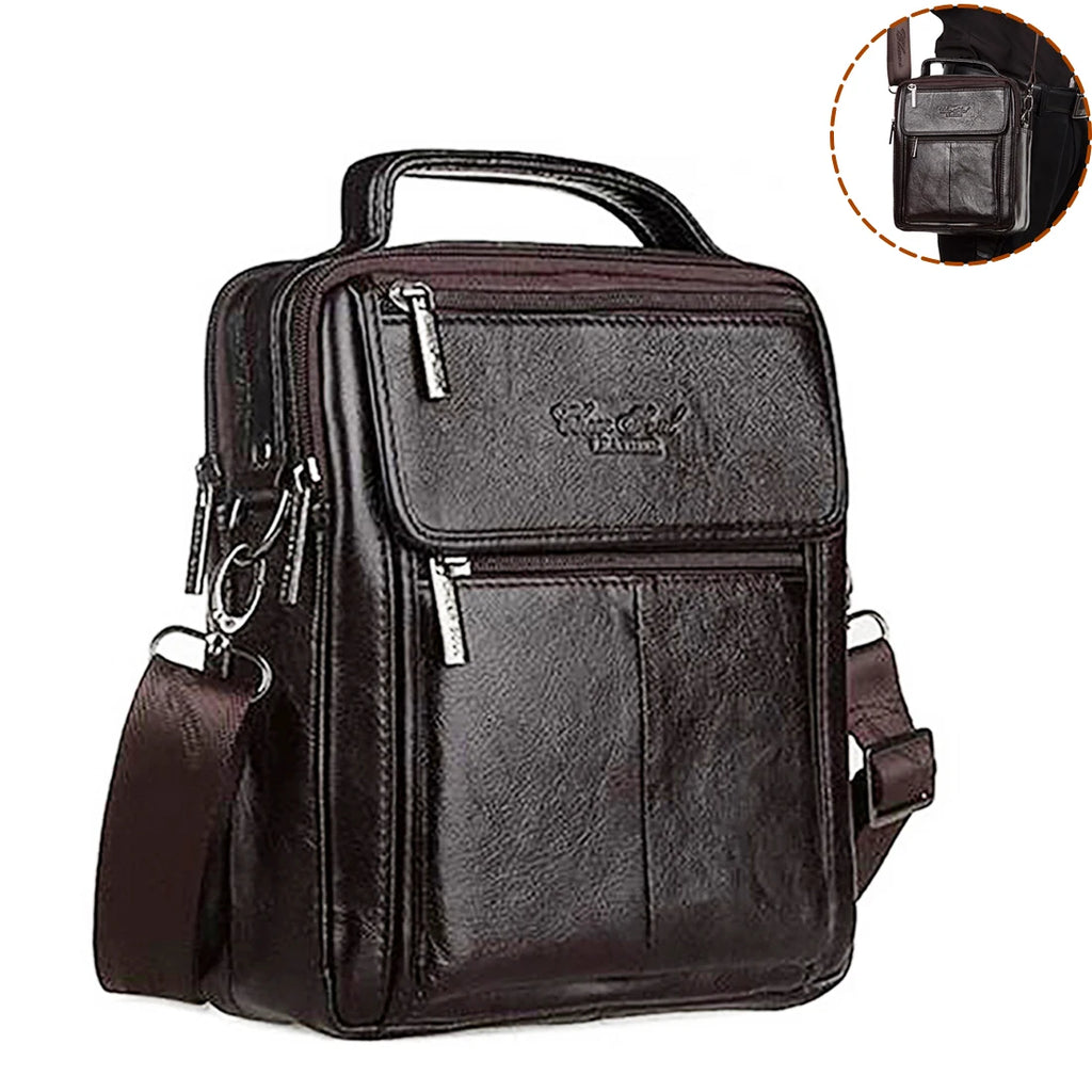 Bolsa Transversal Masculina de Couro Genuíno para Negócios, Pasta Casual de Couro Bovino, Bolsa de Mão Masculina com Alça Superior