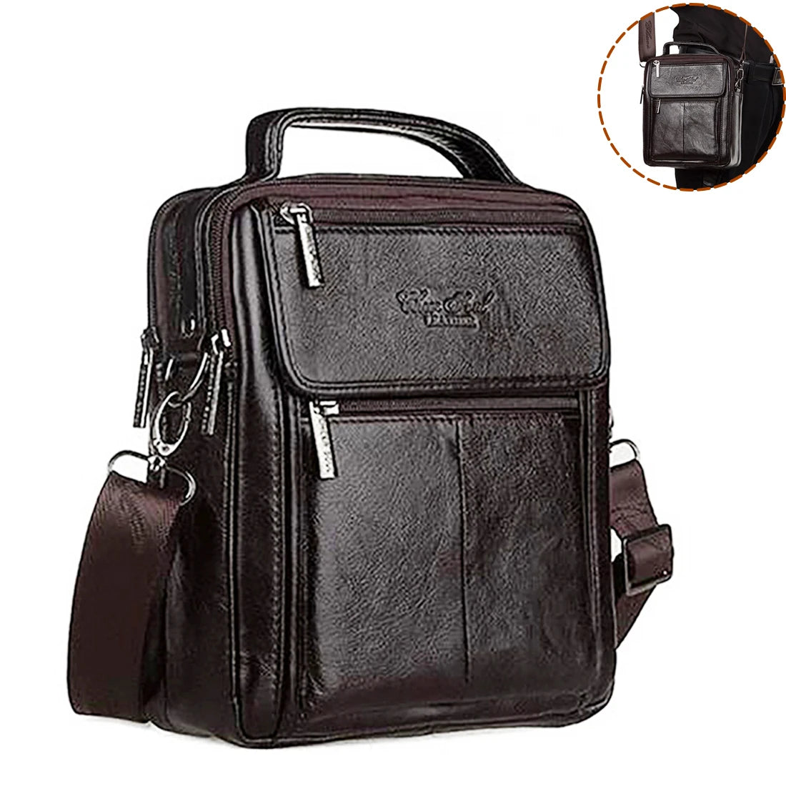 Bolsa Transversal Masculina de Couro Genuíno para Negócios, Pasta Casual de Couro Bovino, Bolsa de Mão Masculina com Alça Superior