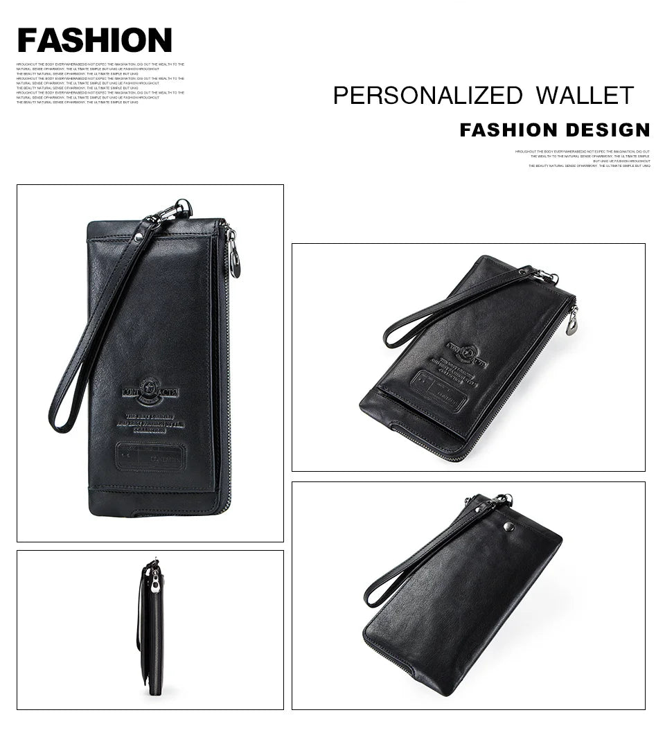 Carteira longa de couro genuíno da CONTACT'S para homens com zíper duplo carteira titular do cartão bolsa de moedas clipe de dinheiro bolsa feminina
