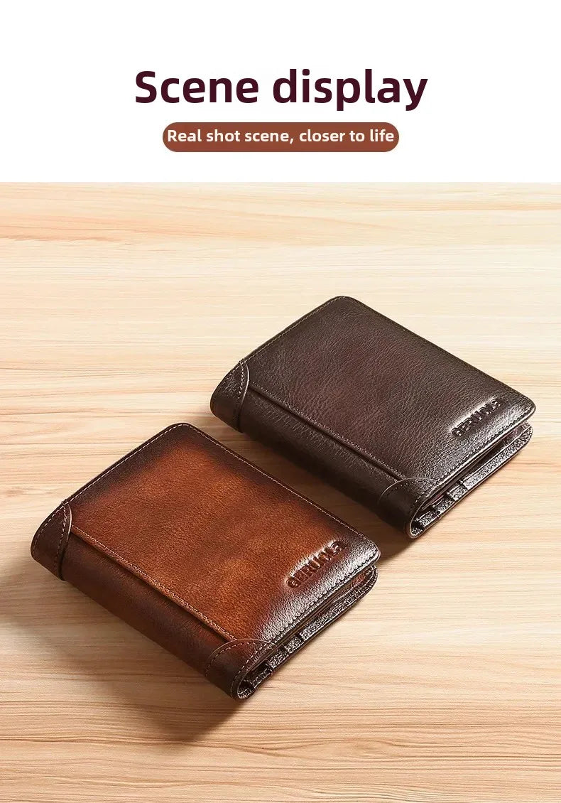 Carteira masculina de couro genuíno com bloqueio rfid, carteira com três dobras, vintage, fina, curta, multifuncional, id, cartão de crédito, bolsa masculina, dinheiro