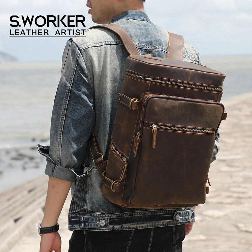 Mochila de couro genuíno vintage, Laptop Bag, Crazy Horse School Bag, Bolsa de ombro Weekender viagem ao ar livre