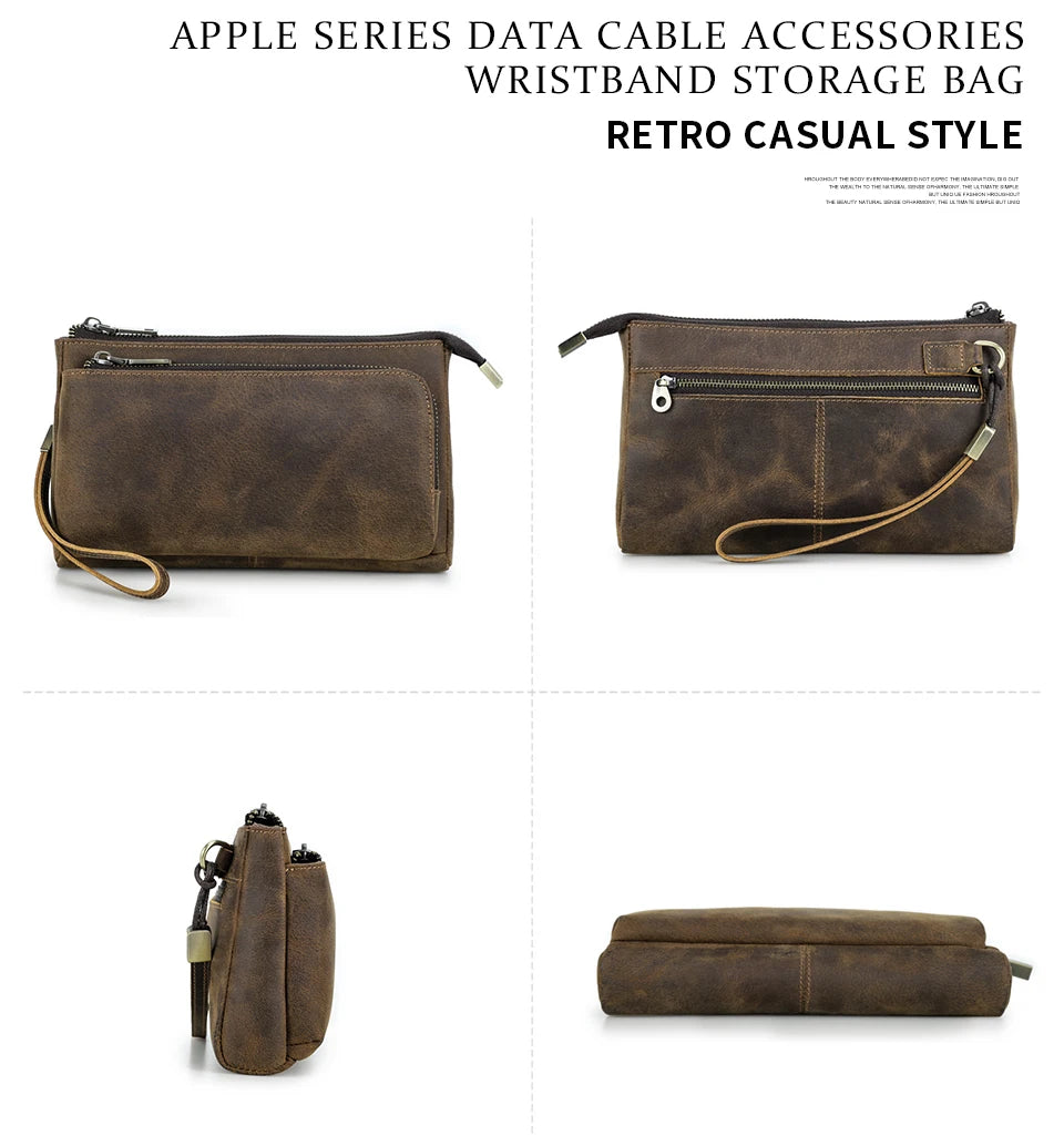 Bolsa de mão masculina de couro genuíno, bolsa de mão para viagem de negócios, grande capacidade, organizador de cabo, bolsa de mão estilo vintage
