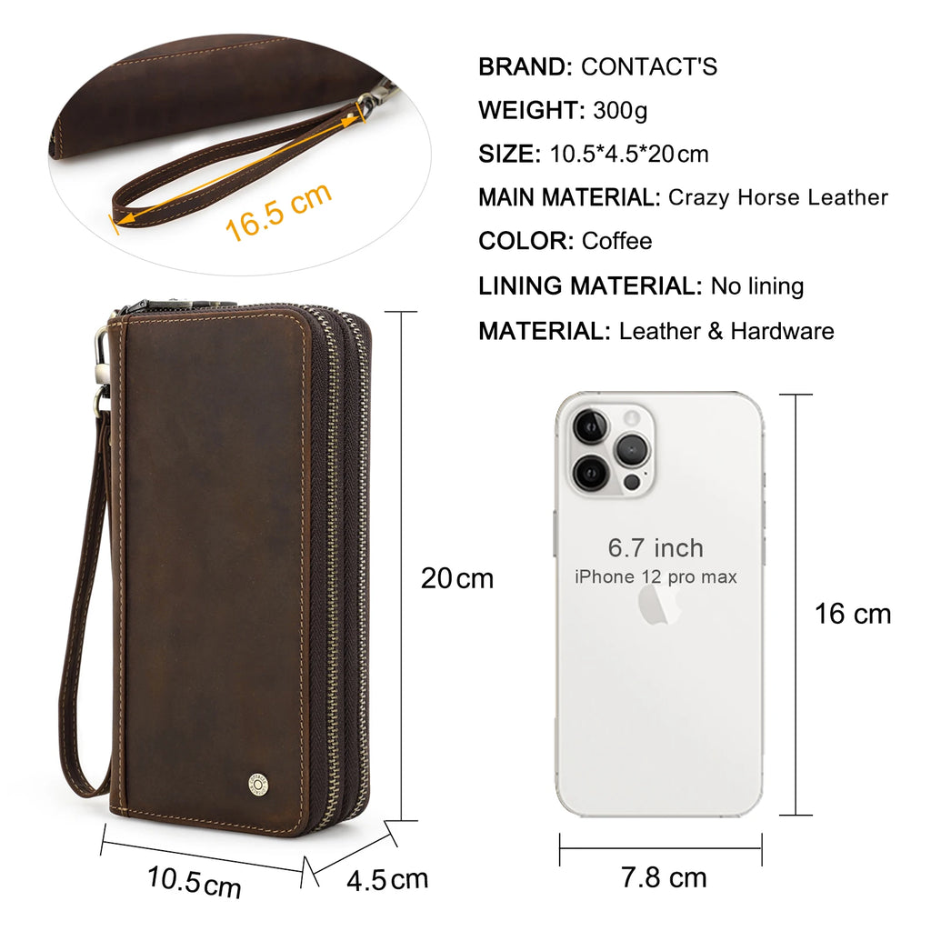 Carteira masculina de couro genuíno de contato, bolsa de mão, porta cartão, carteiras longas, zíper duplo, grande capacidade, vintage, bolsas masculinas