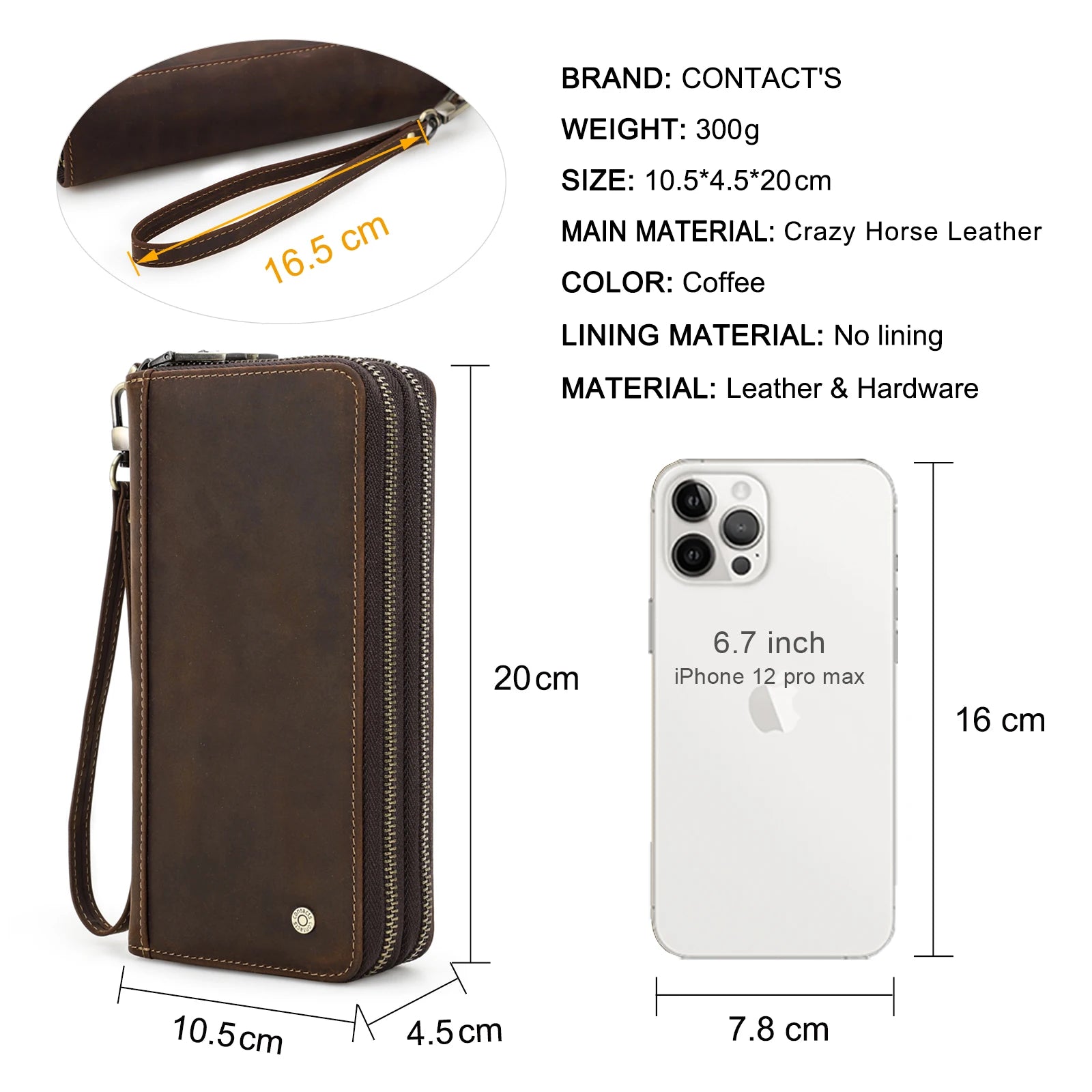 Carteira masculina de couro genuíno de contato, bolsa de mão, porta cartão, carteiras longas, zíper duplo, grande capacidade, vintage, bolsas masculinas