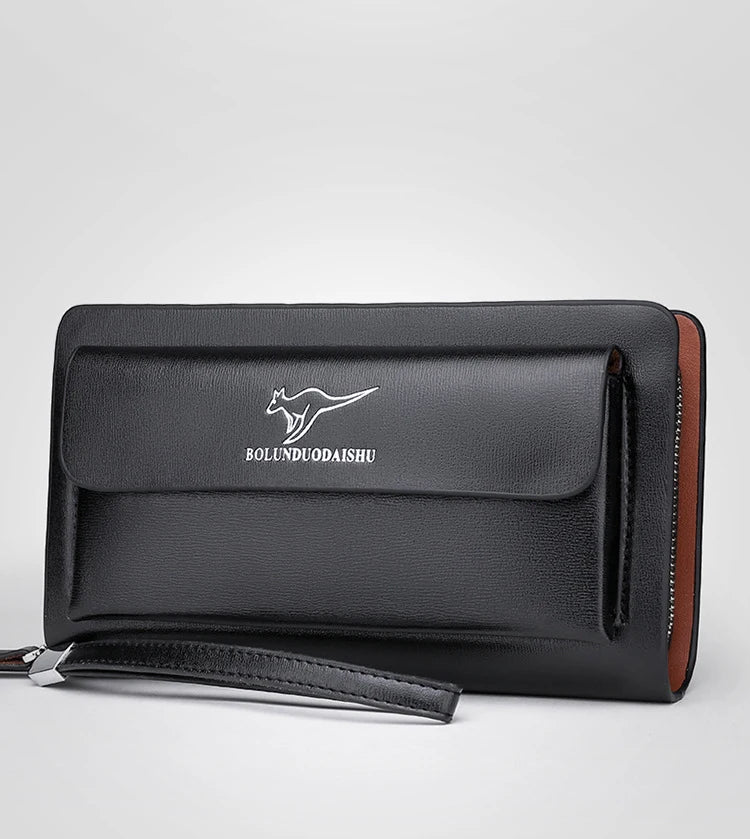 Kangaroo marca masculina bolsa de embreagem moda couro longo bolsa duplo zíper carteira negócios preto marrom masculino casual acessível saco