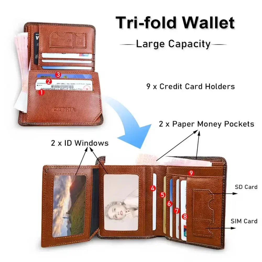 Carteira masculina de couro genuíno com bloqueio rfid, carteira com três dobras, vintage, fina, curta, multifuncional, id, cartão de crédito, bolsa masculina, dinheiro