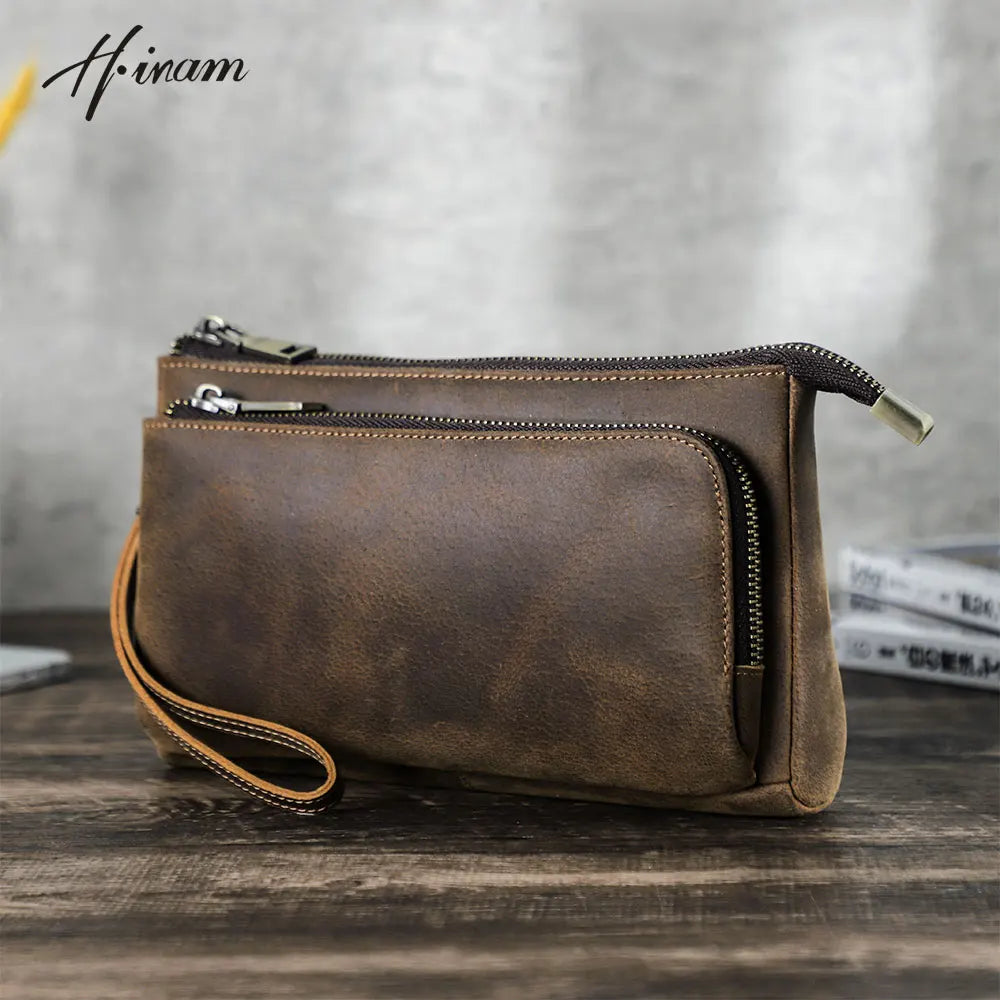 Bolsa de mão masculina de couro genuíno, bolsa de mão para viagem de negócios, grande capacidade, organizador de cabo, bolsa de mão estilo vintage