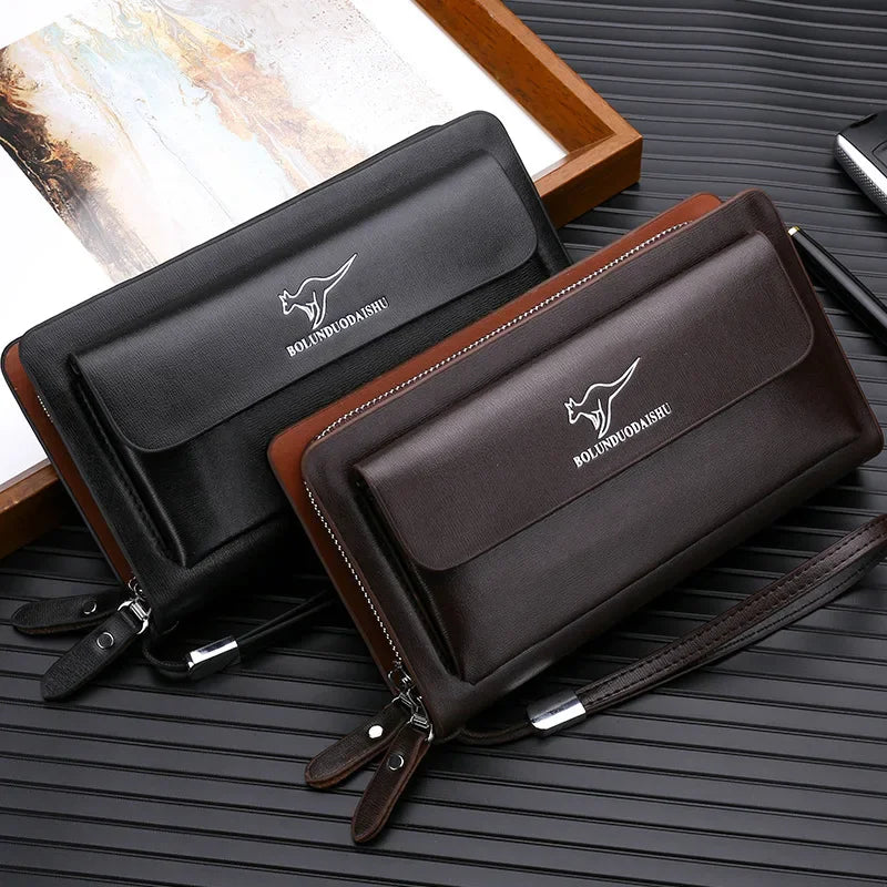 Kangaroo marca masculina bolsa de embreagem moda couro longo bolsa duplo zíper carteira negócios preto marrom masculino casual acessível saco