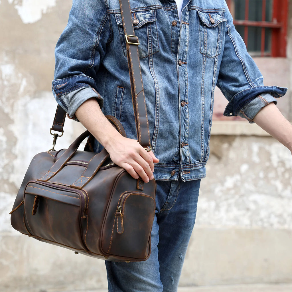 S.WORKER Bolsa de viagem vintage de couro genuíno Crazy Horse Bolsa de lona de couro masculina Bolsa de fim de semana Bolsa de ginástica Bagagem de mão