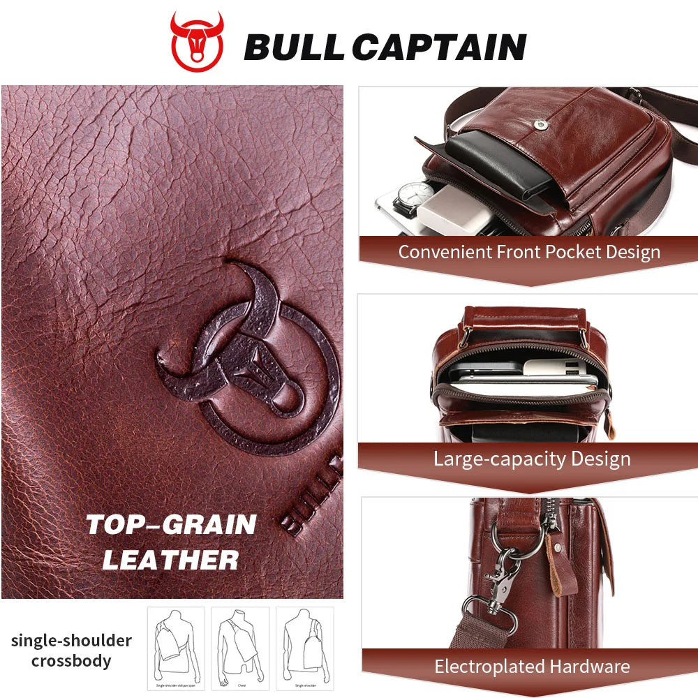 BULLCAPTAIN-Bolsa De Ombro De Couro Genuíno Para Homens, Bolsa Multifuncional Tablet, Bolsa Crossbody Casual, Couro De Vaca Retro, 7.9"