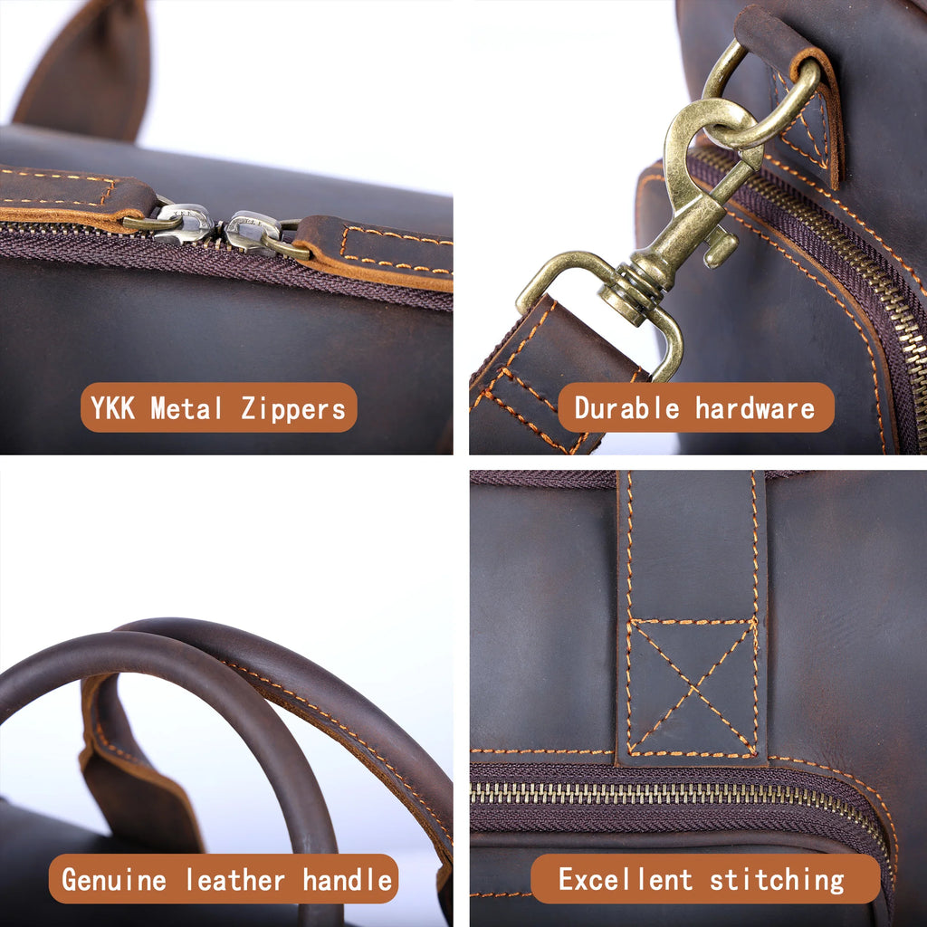 S.WORKER Bolsa de viagem vintage de couro genuíno Crazy Horse Bolsa de lona de couro masculina Bolsa de fim de semana Bolsa de ginástica Bagagem de mão