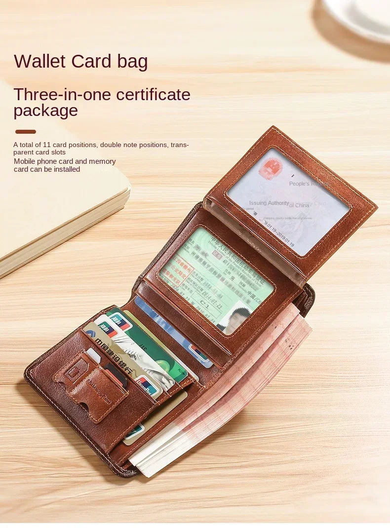 Carteira masculina de couro genuíno com bloqueio rfid, carteira com três dobras, vintage, fina, curta, multifuncional, id, cartão de crédito, bolsa masculina, dinheiro
