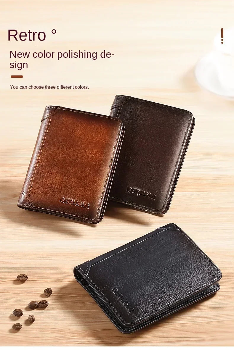 Carteira masculina de couro genuíno com bloqueio rfid, carteira com três dobras, vintage, fina, curta, multifuncional, id, cartão de crédito, bolsa masculina, dinheiro