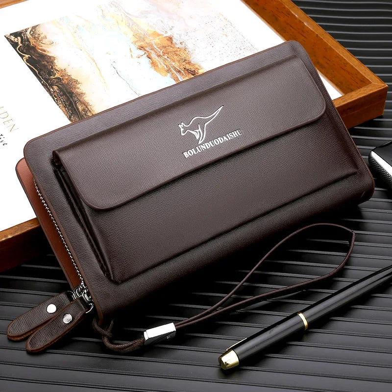 Kangaroo marca masculina bolsa de embreagem moda couro longo bolsa duplo zíper carteira negócios preto marrom masculino casual acessível saco