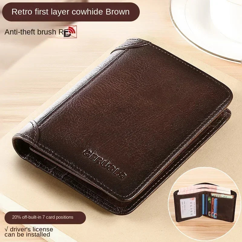 Carteira masculina de couro genuíno com bloqueio rfid, carteira com três dobras, vintage, fina, curta, multifuncional, id, cartão de crédito, bolsa masculina, dinheiro