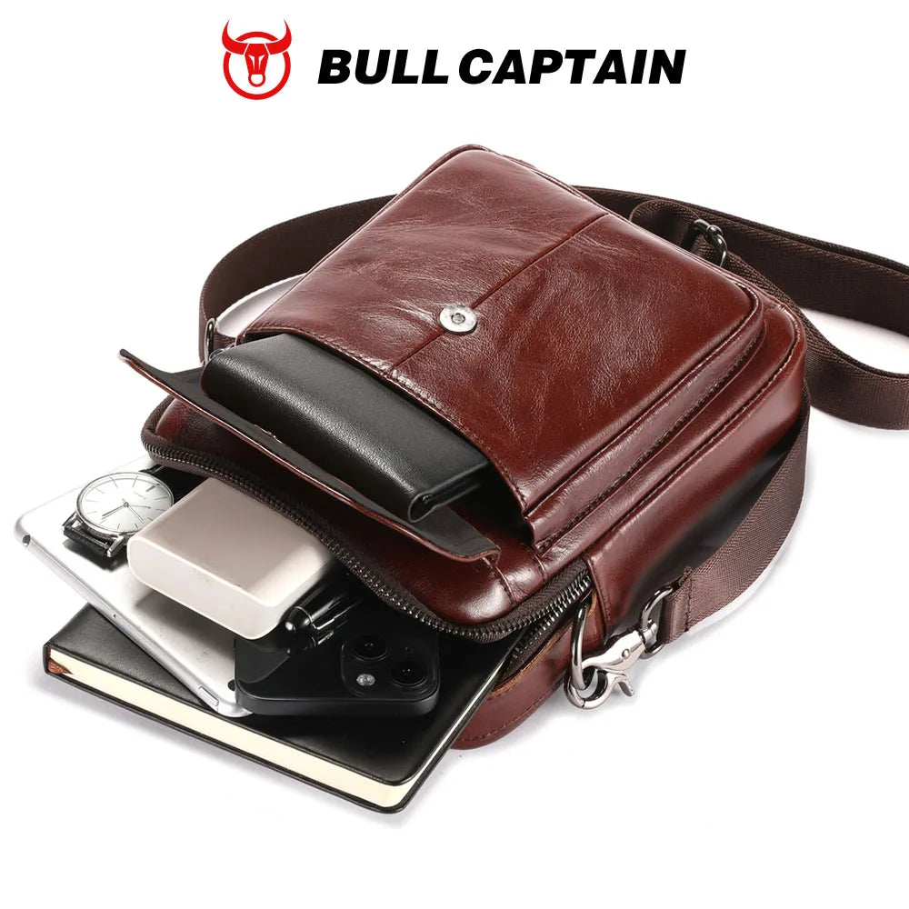 BULLCAPTAIN-Bolsa De Ombro De Couro Genuíno Para Homens, Bolsa Multifuncional Tablet, Bolsa Crossbody Casual, Couro De Vaca Retro, 7.9"
