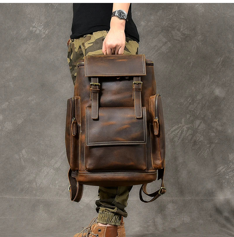 Vintage cavalo louco mochila de couro genuíno dos homens bagpack escalada mochila masculino grande caminhadas mochila m814