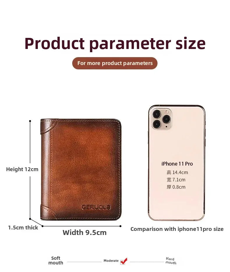 Carteira masculina de couro genuíno com bloqueio rfid, carteira com três dobras, vintage, fina, curta, multifuncional, id, cartão de crédito, bolsa masculina, dinheiro