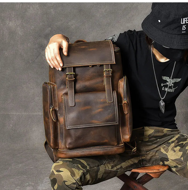 Vintage cavalo louco mochila de couro genuíno dos homens bagpack escalada mochila masculino grande caminhadas mochila m814